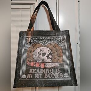 Black Tote Bag with Skull and Book Design "Reading Is In My Bones" Text